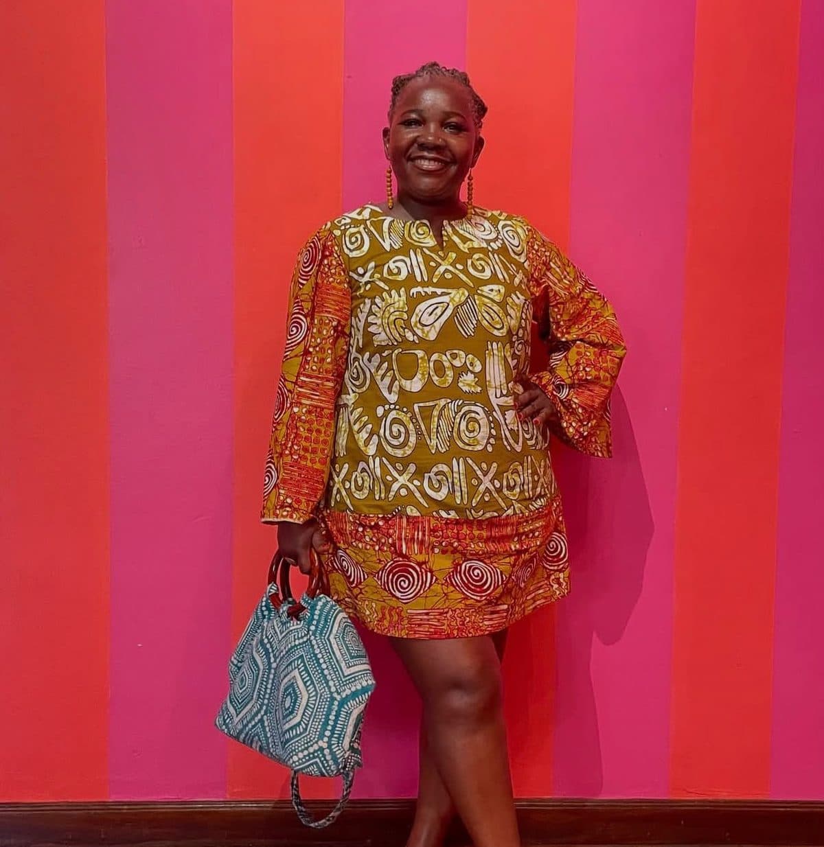 Mustard Ankara tunic dress with bell sleeves
